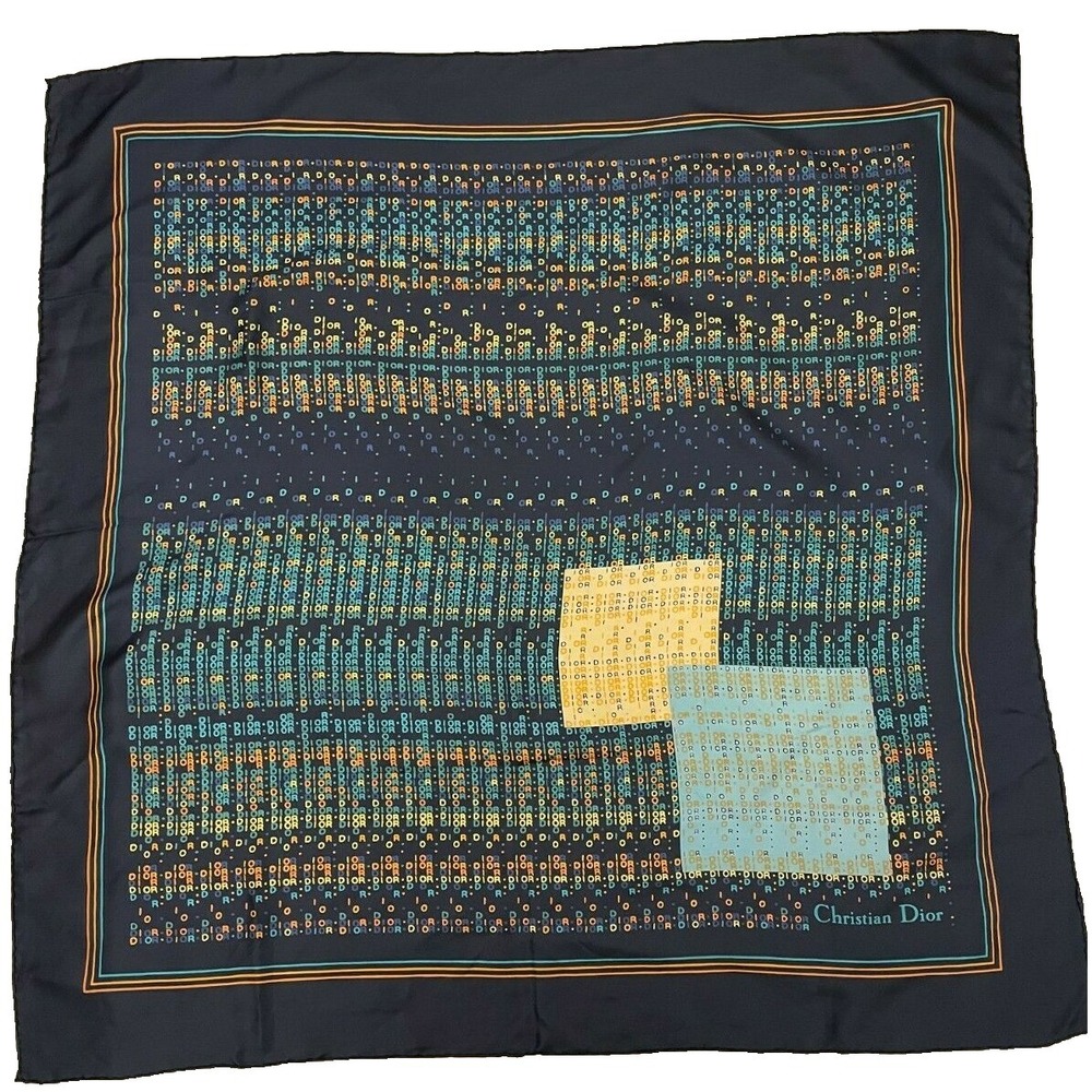 Vintage Christian Dior Womens Square Scarf Navy Blue Retro Monogram Print Silk - Picture 9 of 12